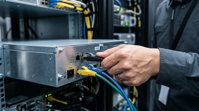 An engineer's hand plugging multiple cables into the rear ports of a controller unit in a rack.