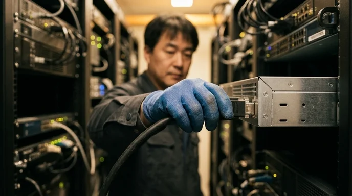 A Korean technician's gloved hand plugging a cable into the rear port of a controller in a server rack.