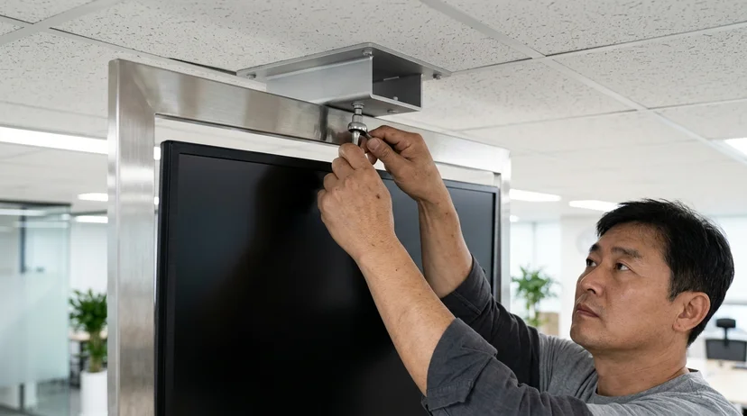 A technician's hands securing a metal screen frame to a ceiling mounting bracket.