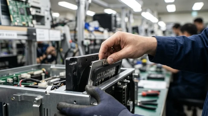 A Korean technician's hands handling a new LED module for replacement.