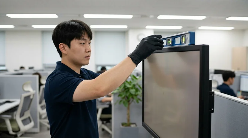A Korean technician's gloved hand holding a level against a screen frame for measurement.