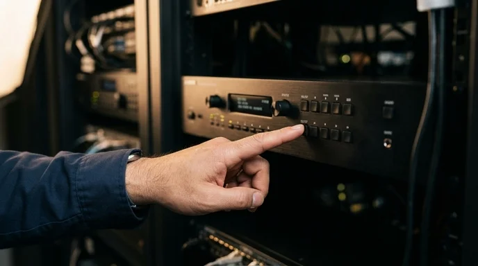 A Korean technician's hand pressing a button on an AV processor in a server rack.