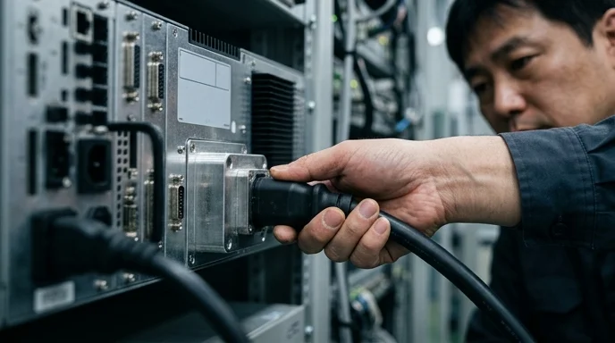 A Korean technician's bare hand plugging a thick power cable into the rear port of a controller.