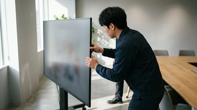 A Korean technician viewed from behind handling the edge of a large display panel in a bright modern meeting room.