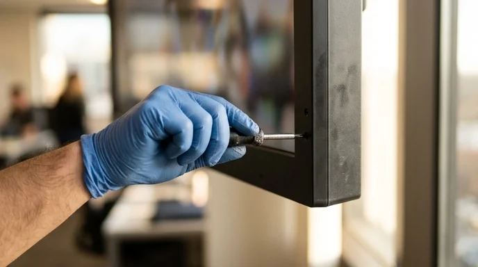 A Korean technician's gloved hand tightens a screw on the side of a large display with a screwdriver.