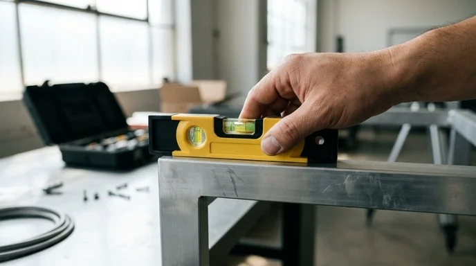 A technician's hand holding a bubble level against a metal display frame.