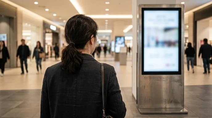 A Korean pedestrian's shoulder walking past a vertical digital signage display in a shopping mall.