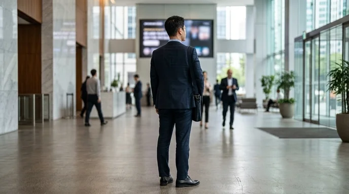 A Korean office worker viewed from behind looking at a large display in a corporate lobby with faint scuff marks on the.