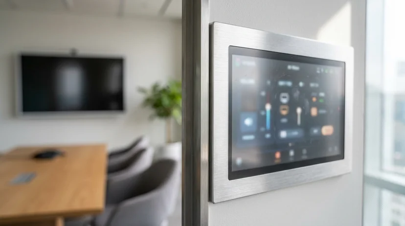 Close-up of a sleek metal touch panel interface for an AV processor on a wall.