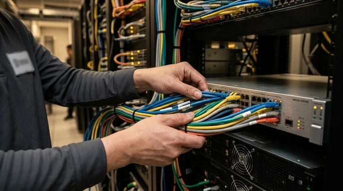 Bare hands of a Korean engineer organizing cables on a media server rack.