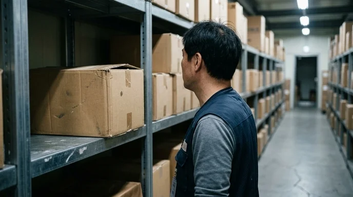 Over-the-shoulder view of a worker checking worn cardboard boxes on a warehouse shelf.