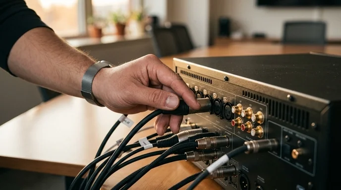 A Korean technician's hand checking the audio connection ports of a black AV processor.