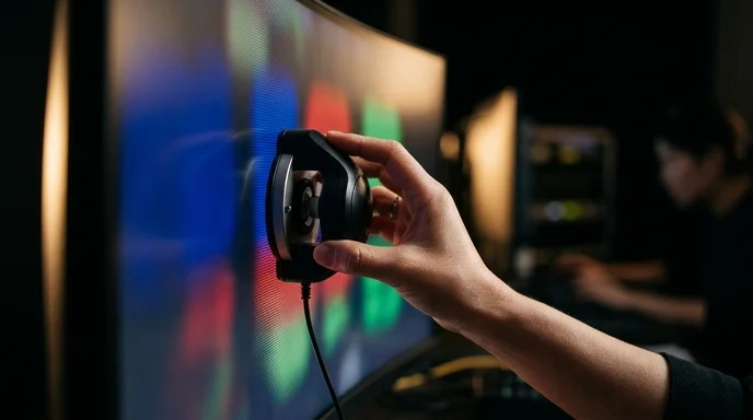 A colorist's hand holding a color calibration device against a curved LED screen in a dim studio.