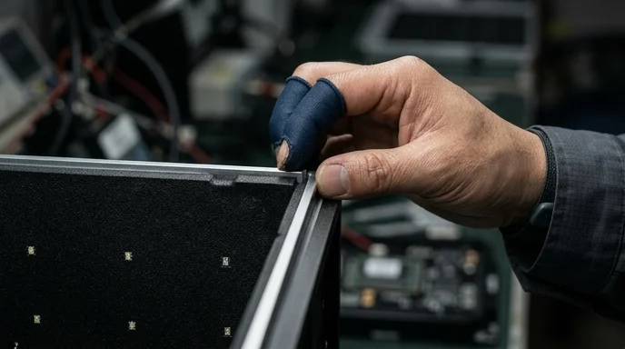 A Korean technician's hand inspecting the boundary between two LED module panels.