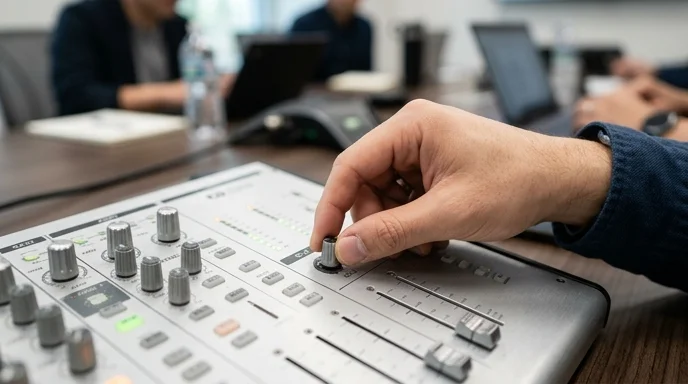 A Korean technician's hand turning a dial on an audio mixer to adjust echo cancellation.