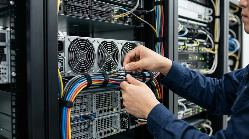 Two hands organizing communication cables behind a media server.