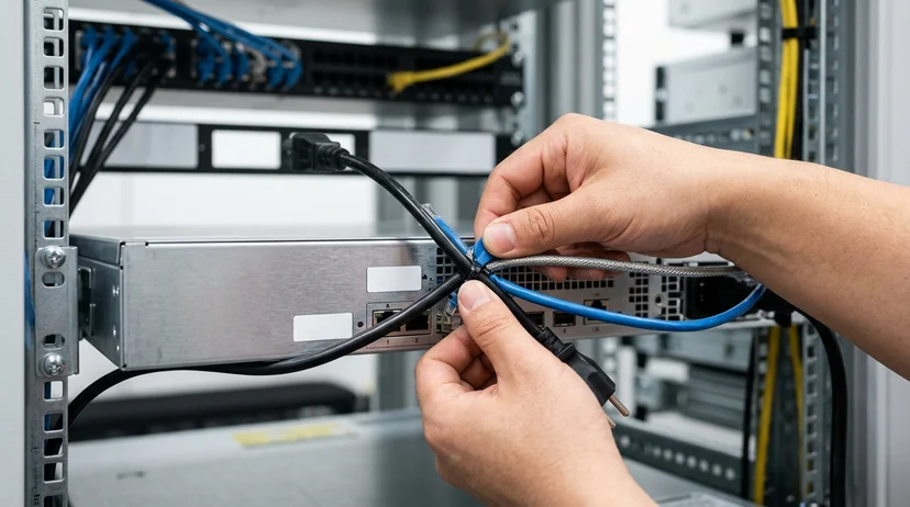 A Korean technician's bare hands crossing a power cable and a communication cable at a right angle behind a media server.
