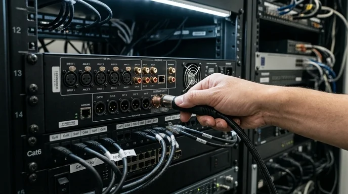 A hand inserts a thick cable into the rear port of a processor.