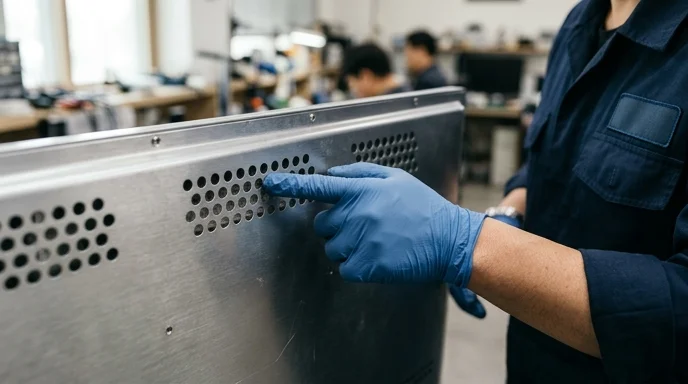 A Korean technician's gloved hand points at the cooling vents on the back of a large display panel.