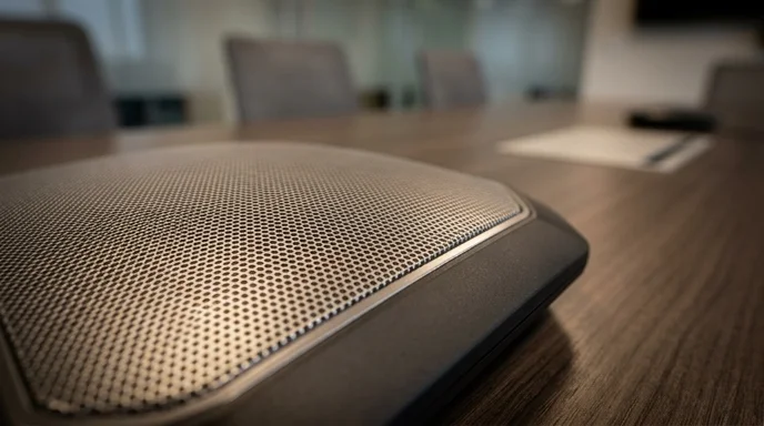 A macro shot of the speaker grill on a speakerphone resting on a meeting table.