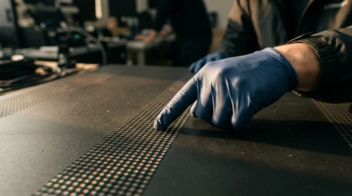 Gloved hands inspect the pixel diode surface of a screen.