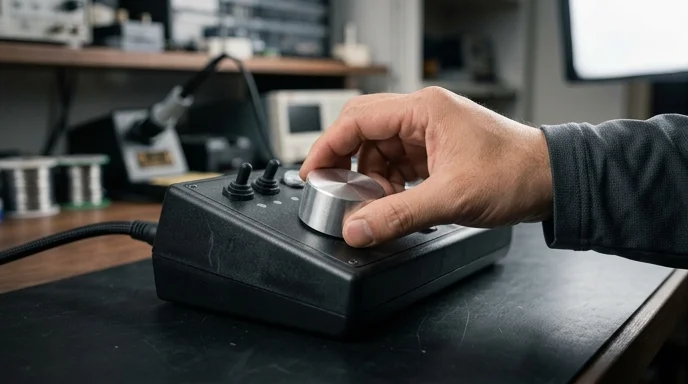 A Korean technician's hand turning a brushed aluminum dial on a controller resting on a dark desk.