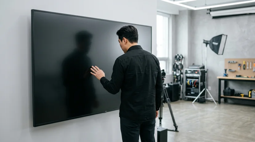 A technician viewed from behind checking light reflections on a large screen in a studio.