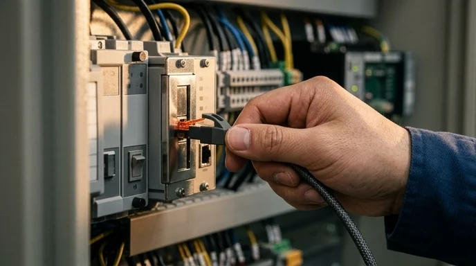 Detailed view of a technician connecting a cable to a controller port inside a tight panel.