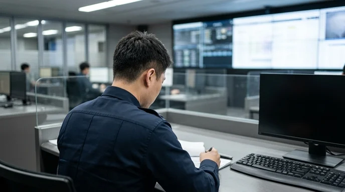 A Korean operator viewed from behind in a situation room with a large digital signage screen.