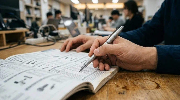 A Korean planner's hand pointing with a pen at a line in an open hardware catalog.