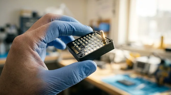 A technician's gloved hand holding a clean LED panel component under bright lighting.
