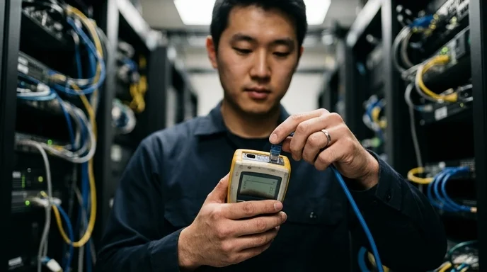A technician in uniform checking a network cable tester device in a well-lit server room.