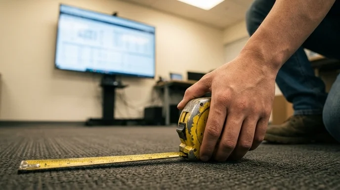 A Korean engineer's hand pulling a yellow measuring tape across a carpeted floor in front of a display.