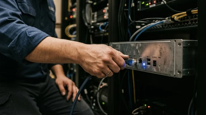 A technician's hand plugs a network cable into the scratched back port of a controller.