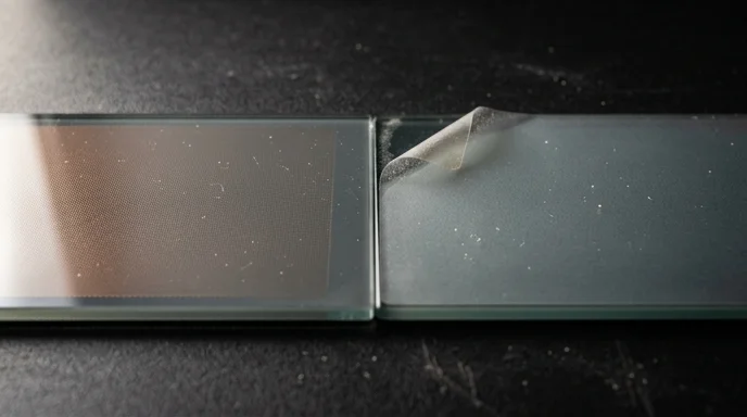 Two thick glass display panels with different internal layers lying on a dark antistatic mat.