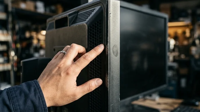 An engineer's hand touches the side ventilation grille of a metal commercial display.