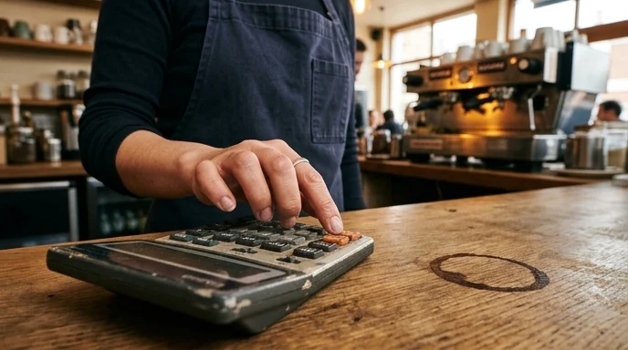 A barista's hand pressing a button on a worn calculator on a cafe counter.