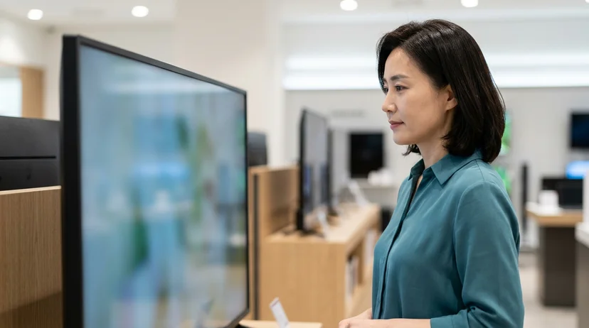 A Korean female customer looking at a large display from an angled side view in a retail store.