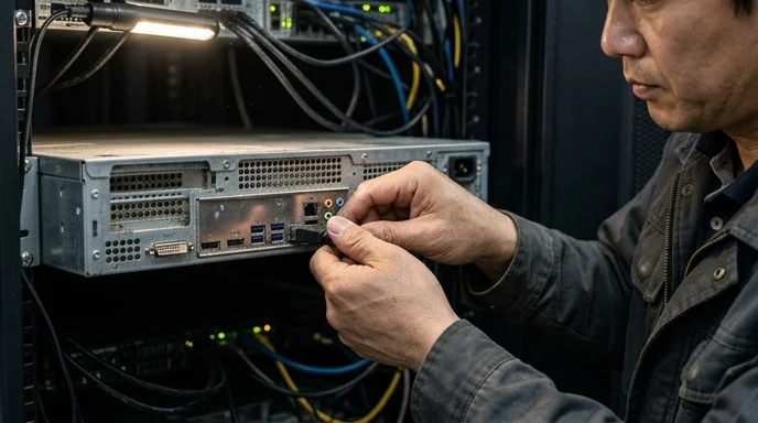 An engineer's bare hands checking the rear ports of a media server inside a rack.