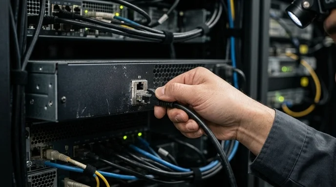 A Korean technician's hand plugging a cable into the rear port of a device in a server rack.