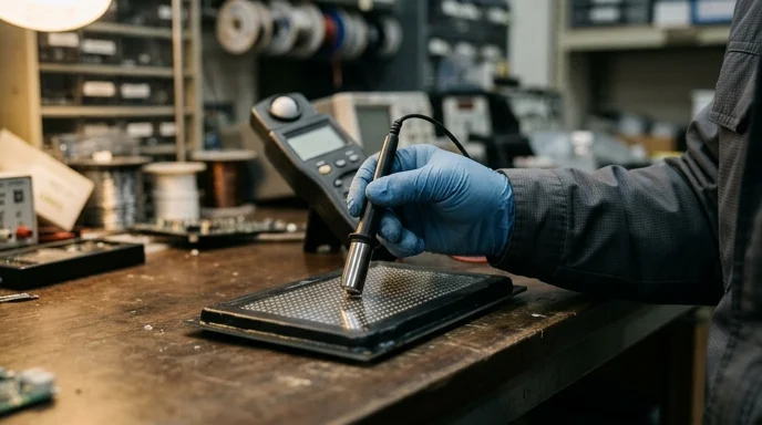 A gloved hand of a Korean technician holding a light meter over an LED module on a workbench.