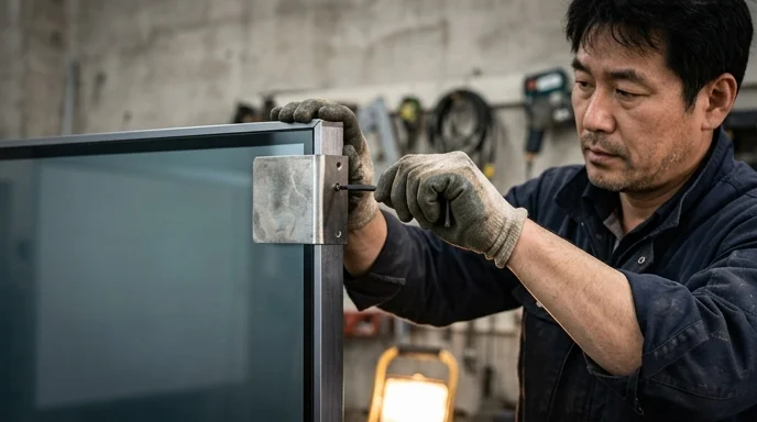A Korean worker's gloved hand securing a metal bracket on the edge of a large screen.