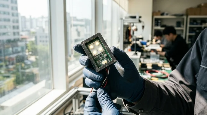 A Korean engineer's gloved hand holding a small LED module near a sunlit window.