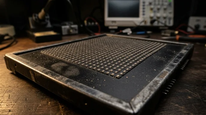An LED pixel module rests on a dark workbench under raking light.