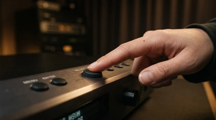 A hand firmly presses a rubber button on the front panel of a sleek AV processor.