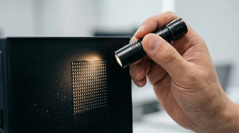A bare hand holding a flashlight to check the matte surface of an LED pixel module.