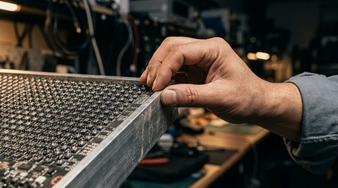 A Korean technician's bare hand adjusting the edge of an LED pixel module.