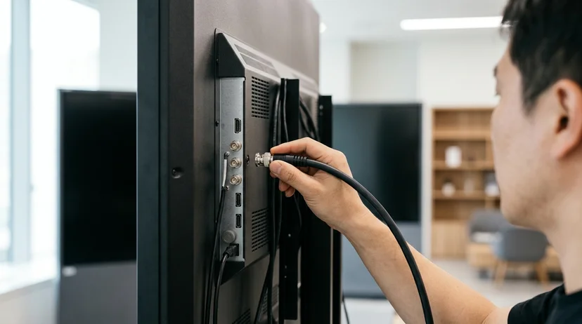 A Korean technician's hand connecting an SDI cable to the back of a digital signage.