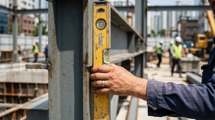 A Korean worker's hand pressing a scuffed spirit level against a steel screen frame under bright midday sunlight.