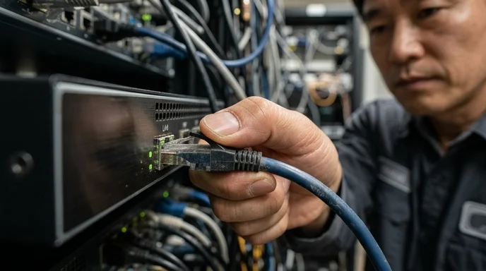 A Korean network engineer's thumb presses the release tab of a LAN cable behind an LED panel.
